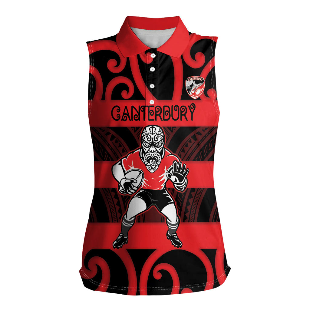 Canterbury Custom Rugby New Zealand Women Sleeveless Polo Shirt Aotearoa Maori Pukana Tiki Mascot
