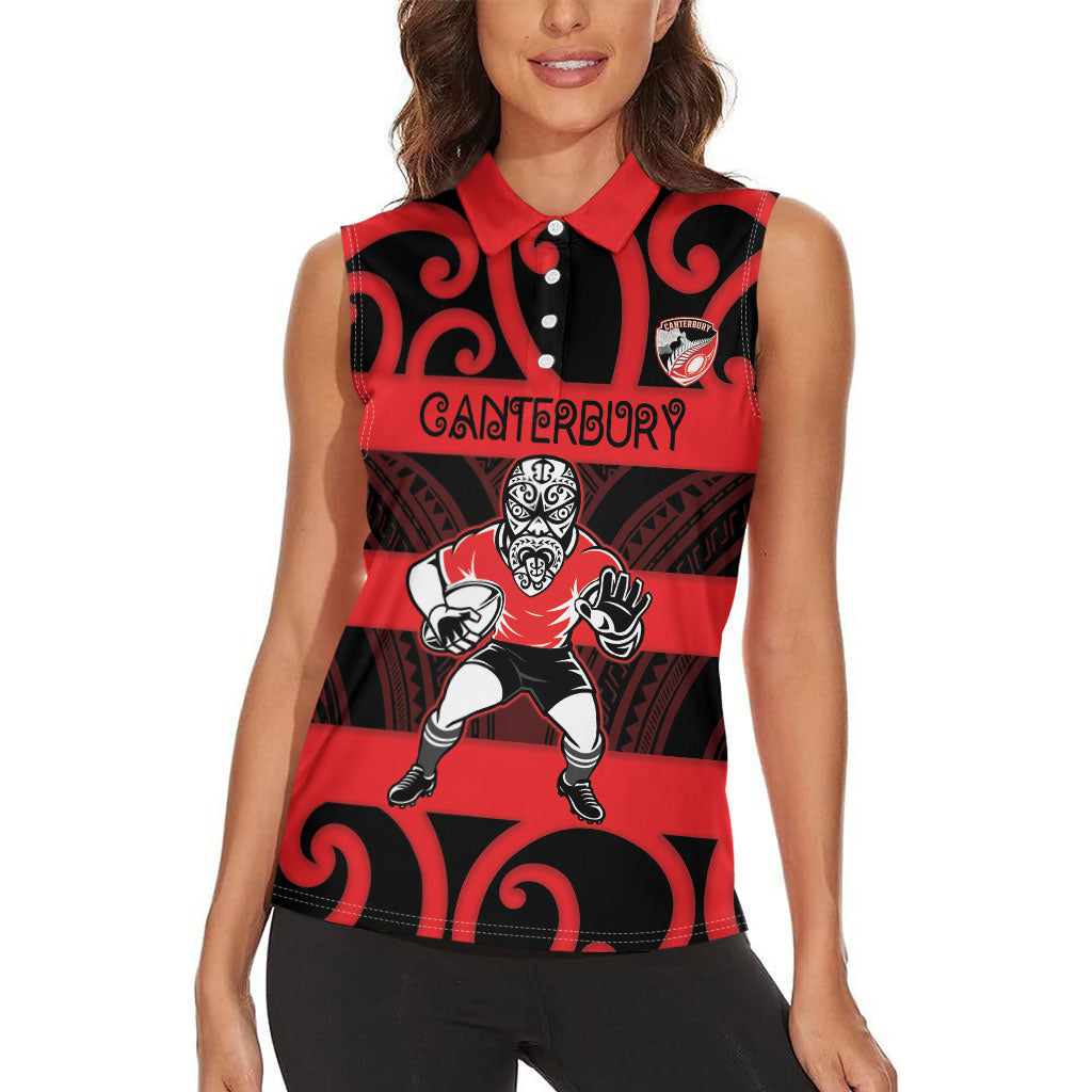Canterbury Custom Rugby New Zealand Women Sleeveless Polo Shirt Aotearoa Maori Pukana Tiki Mascot