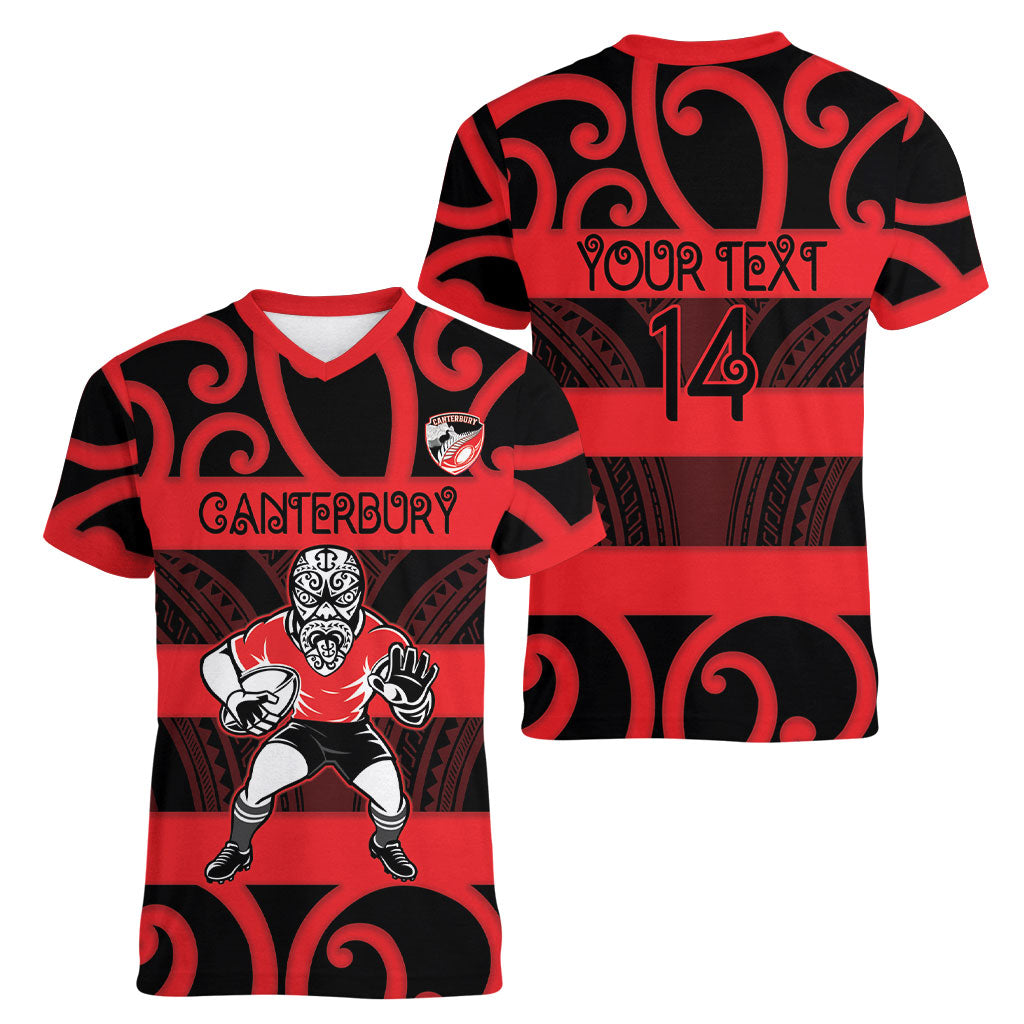 Canterbury Custom Rugby New Zealand Women V-Neck T-Shirt Aotearoa Maori Pukana Tiki Mascot