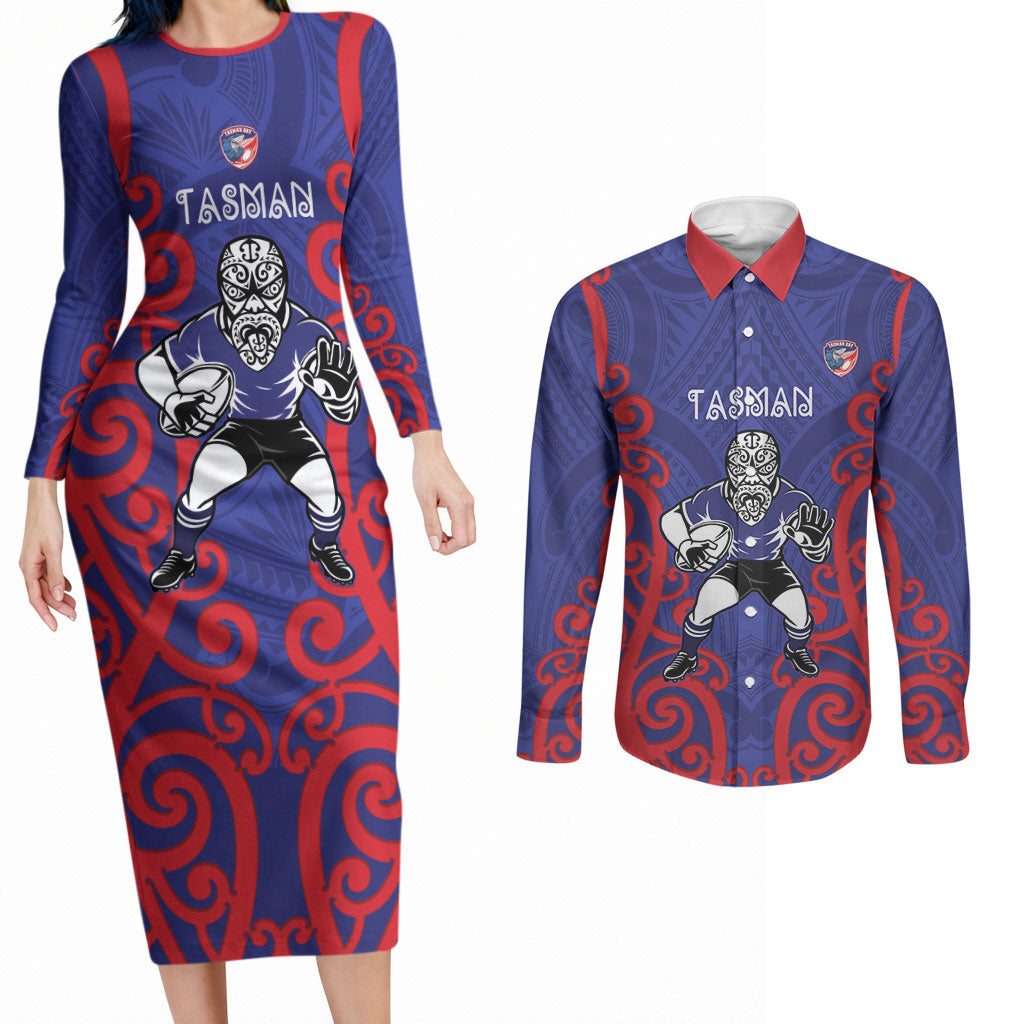 Tasman Custom Rugby New Zealand Couples Matching Long Sleeve Bodycon Dress and Long Sleeve Button Shirt Aotearoa Maori Pukana Tiki Mascot