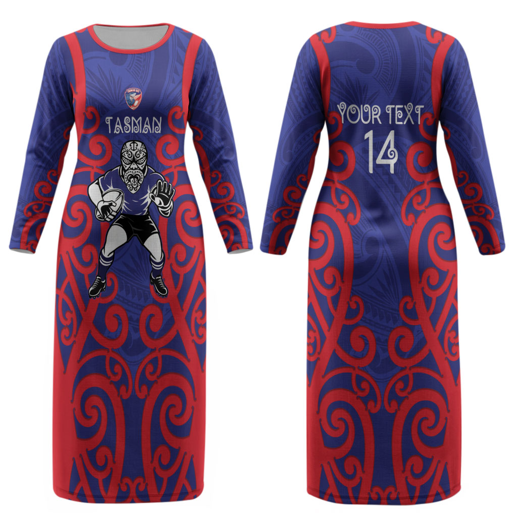 Tasman Custom Rugby New Zealand Couples Matching Long Sleeve Bodycon Dress and Long Sleeve Button Shirt Aotearoa Maori Pukana Tiki Mascot