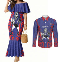 Tasman Custom Rugby New Zealand Couples Matching Mermaid Dress and Long Sleeve Button Shirt Aotearoa Maori Pukana Tiki Mascot