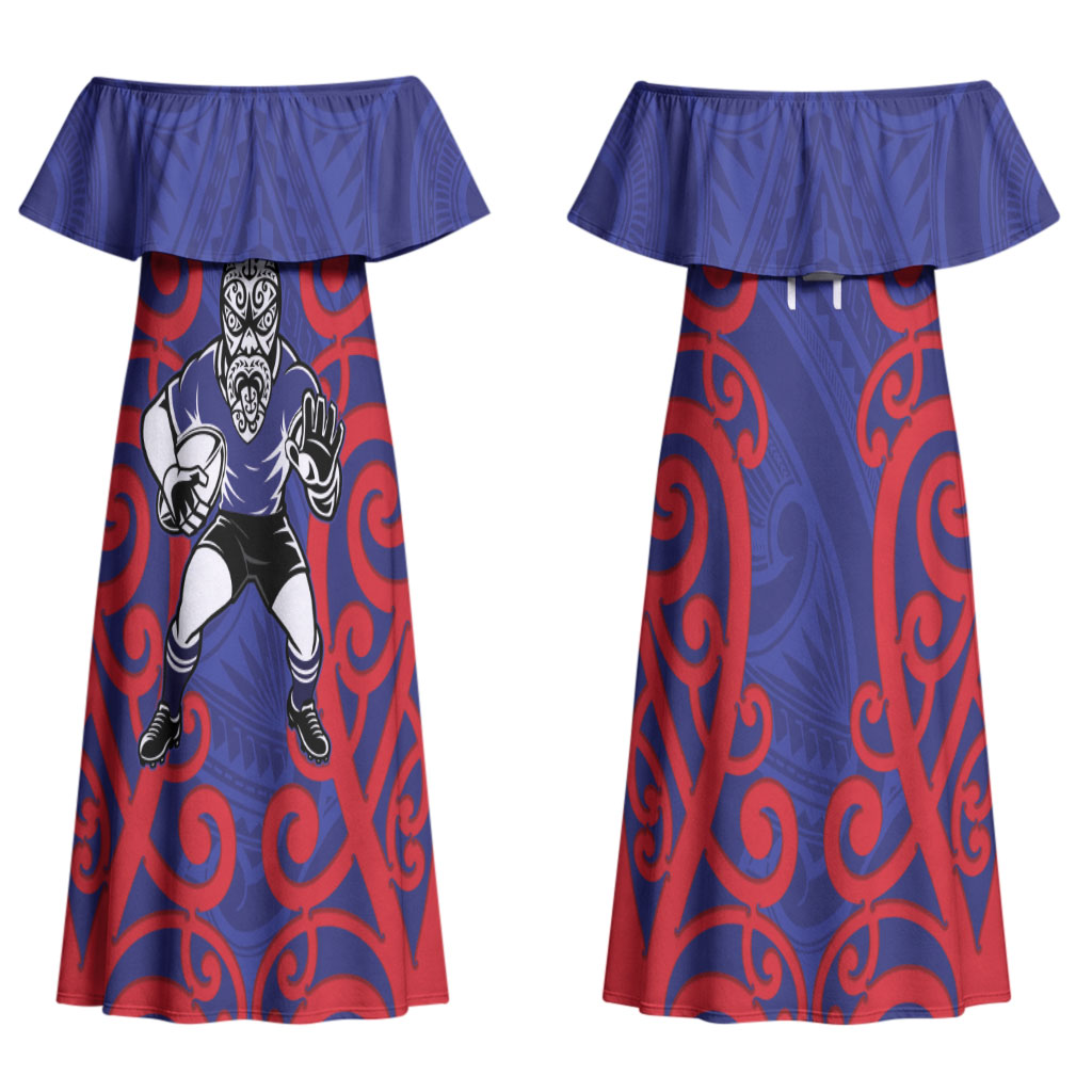 Tasman Custom Rugby New Zealand Couples Matching Off Shoulder Maxi Dress and Hawaiian Shirt Aotearoa Maori Pukana Tiki Mascot