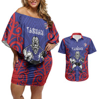 Tasman Custom Rugby New Zealand Couples Matching Off Shoulder Short Dress and Hawaiian Shirt Aotearoa Maori Pukana Tiki Mascot