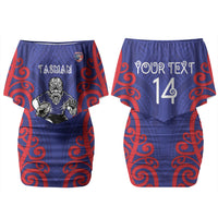 Tasman Custom Rugby New Zealand Couples Matching Off Shoulder Short Dress and Hawaiian Shirt Aotearoa Maori Pukana Tiki Mascot