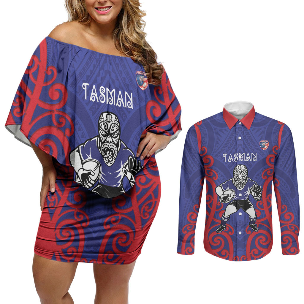 Tasman Custom Rugby New Zealand Couples Matching Off Shoulder Short Dress and Long Sleeve Button Shirt Aotearoa Maori Pukana Tiki Mascot