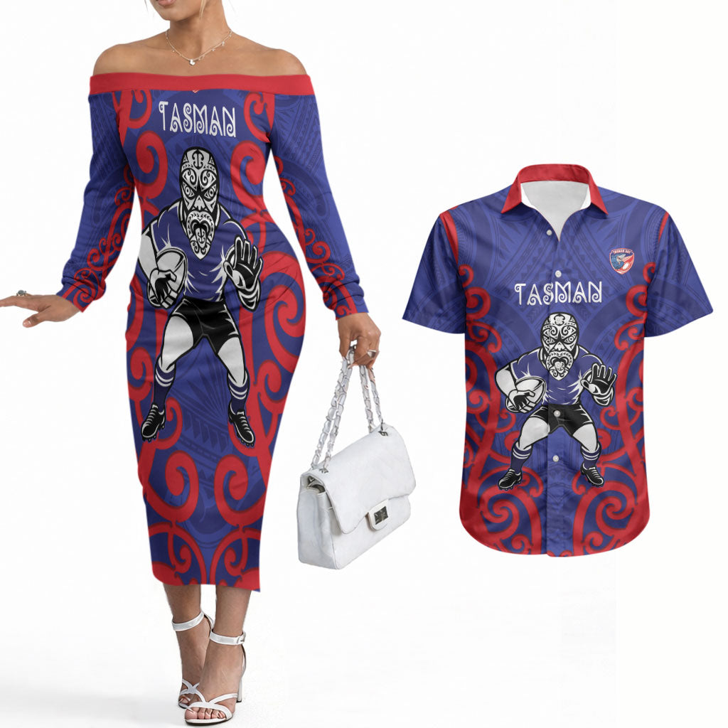Tasman Custom Rugby New Zealand Couples Matching Off The Shoulder Long Sleeve Dress and Hawaiian Shirt Aotearoa Maori Pukana Tiki Mascot