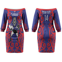 Tasman Custom Rugby New Zealand Couples Matching Off The Shoulder Long Sleeve Dress and Hawaiian Shirt Aotearoa Maori Pukana Tiki Mascot