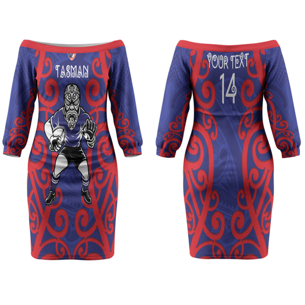 Tasman Custom Rugby New Zealand Couples Matching Off The Shoulder Long Sleeve Dress and Long Sleeve Button Shirt Aotearoa Maori Pukana Tiki Mascot