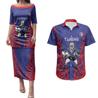 Tasman Custom Rugby New Zealand Couples Matching Puletasi and Hawaiian Shirt Aotearoa Maori Pukana Tiki Mascot