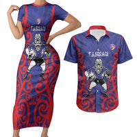 Tasman Custom Rugby New Zealand Couples Matching Short Sleeve Bodycon Dress and Hawaiian Shirt Aotearoa Maori Pukana Tiki Mascot