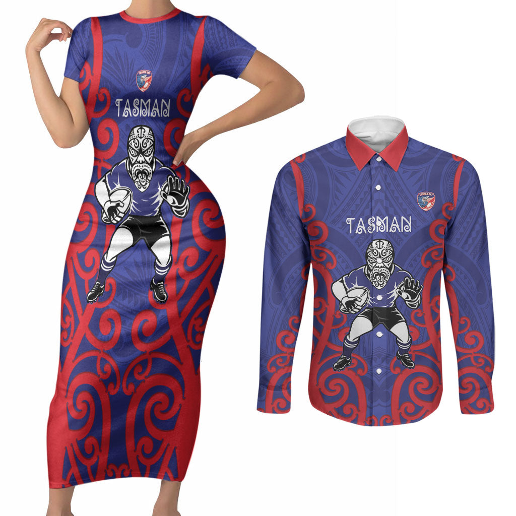 Tasman Custom Rugby New Zealand Couples Matching Short Sleeve Bodycon Dress and Long Sleeve Button Shirt Aotearoa Maori Pukana Tiki Mascot