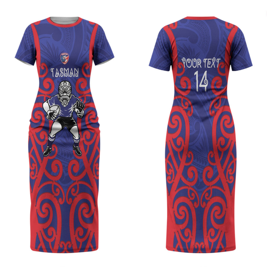 Tasman Custom Rugby New Zealand Couples Matching Short Sleeve Bodycon Dress and Long Sleeve Button Shirt Aotearoa Maori Pukana Tiki Mascot