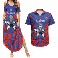 Tasman Custom Rugby New Zealand Couples Matching Summer Maxi Dress and Hawaiian Shirt Aotearoa Maori Pukana Tiki Mascot