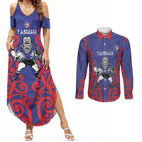 Tasman Custom Rugby New Zealand Couples Matching Summer Maxi Dress and Long Sleeve Button Shirt Aotearoa Maori Pukana Tiki Mascot