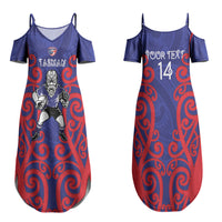 Tasman Custom Rugby New Zealand Couples Matching Summer Maxi Dress and Long Sleeve Button Shirt Aotearoa Maori Pukana Tiki Mascot