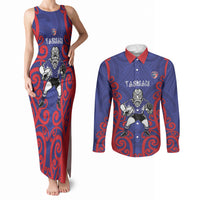 Tasman Custom Rugby New Zealand Couples Matching Tank Maxi Dress and Long Sleeve Button Shirt Aotearoa Maori Pukana Tiki Mascot