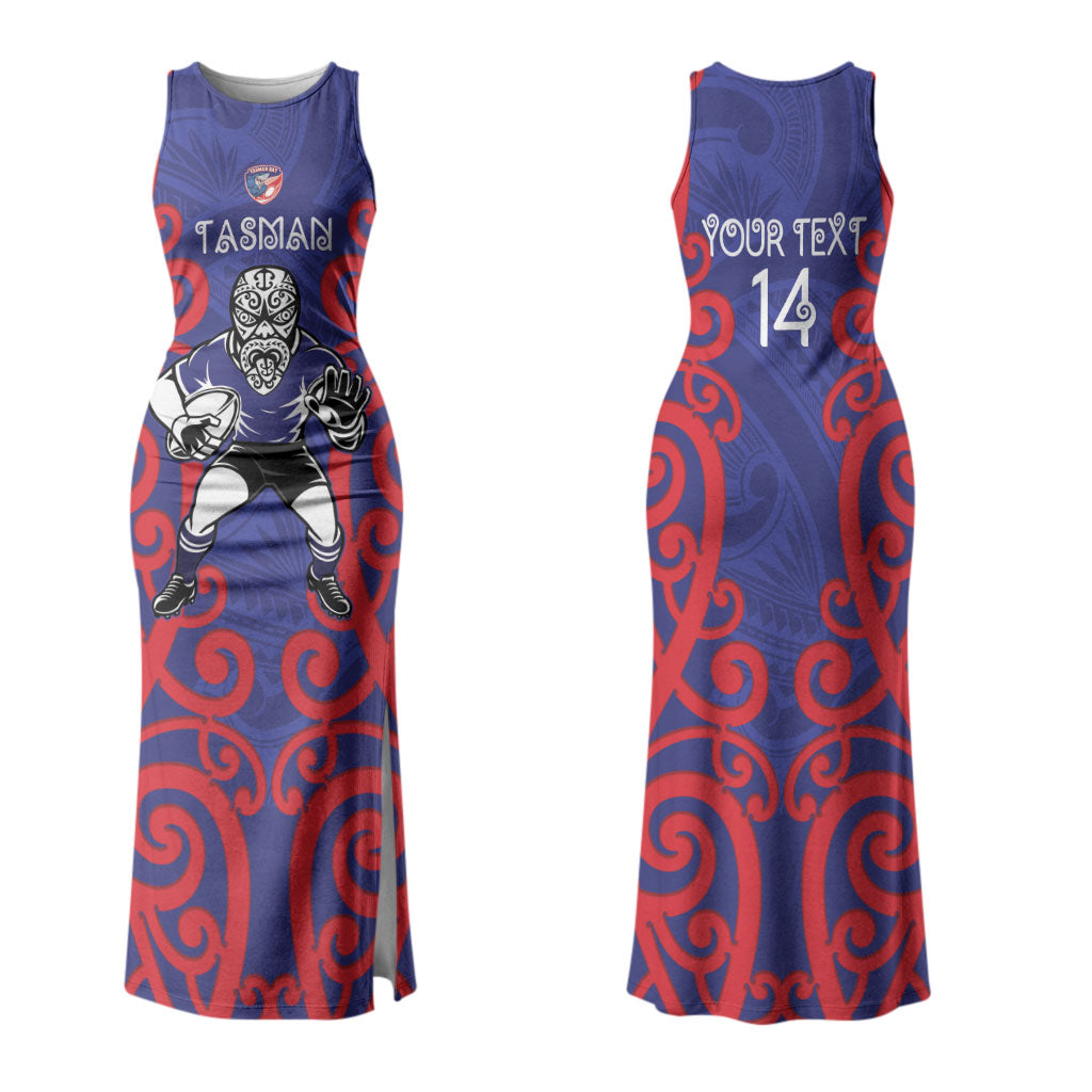Tasman Custom Rugby New Zealand Couples Matching Tank Maxi Dress and Long Sleeve Button Shirt Aotearoa Maori Pukana Tiki Mascot