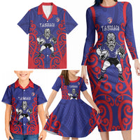 Tasman Custom Rugby New Zealand Family Matching Long Sleeve Bodycon Dress and Hawaiian Shirt Aotearoa Maori Pukana Tiki Mascot