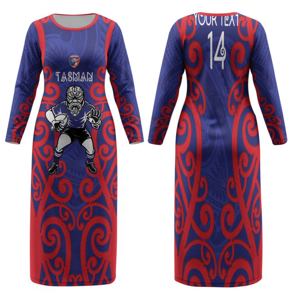 Tasman Custom Rugby New Zealand Family Matching Long Sleeve Bodycon Dress and Hawaiian Shirt Aotearoa Maori Pukana Tiki Mascot