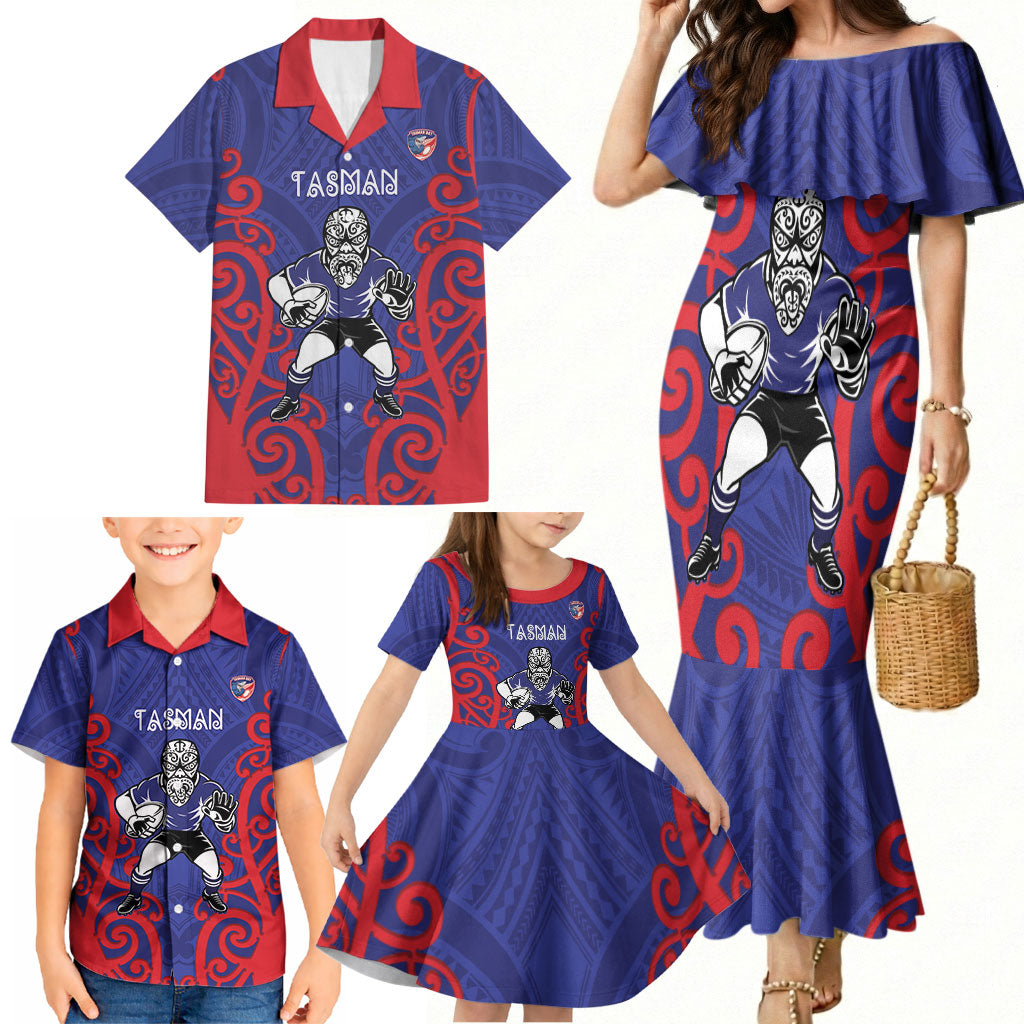 Tasman Custom Rugby New Zealand Family Matching Mermaid Dress and Hawaiian Shirt Aotearoa Maori Pukana Tiki Mascot