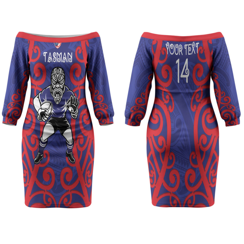 Tasman Custom Rugby New Zealand Family Matching Off The Shoulder Long Sleeve Dress and Hawaiian Shirt Aotearoa Maori Pukana Tiki Mascot