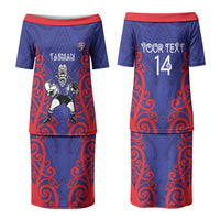 Tasman Custom Rugby New Zealand Family Matching Puletasi and Hawaiian Shirt Aotearoa Maori Pukana Tiki Mascot