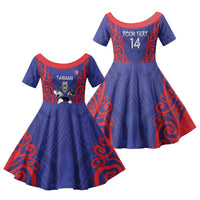 Tasman Custom Rugby New Zealand Family Matching Puletasi and Hawaiian Shirt Aotearoa Maori Pukana Tiki Mascot