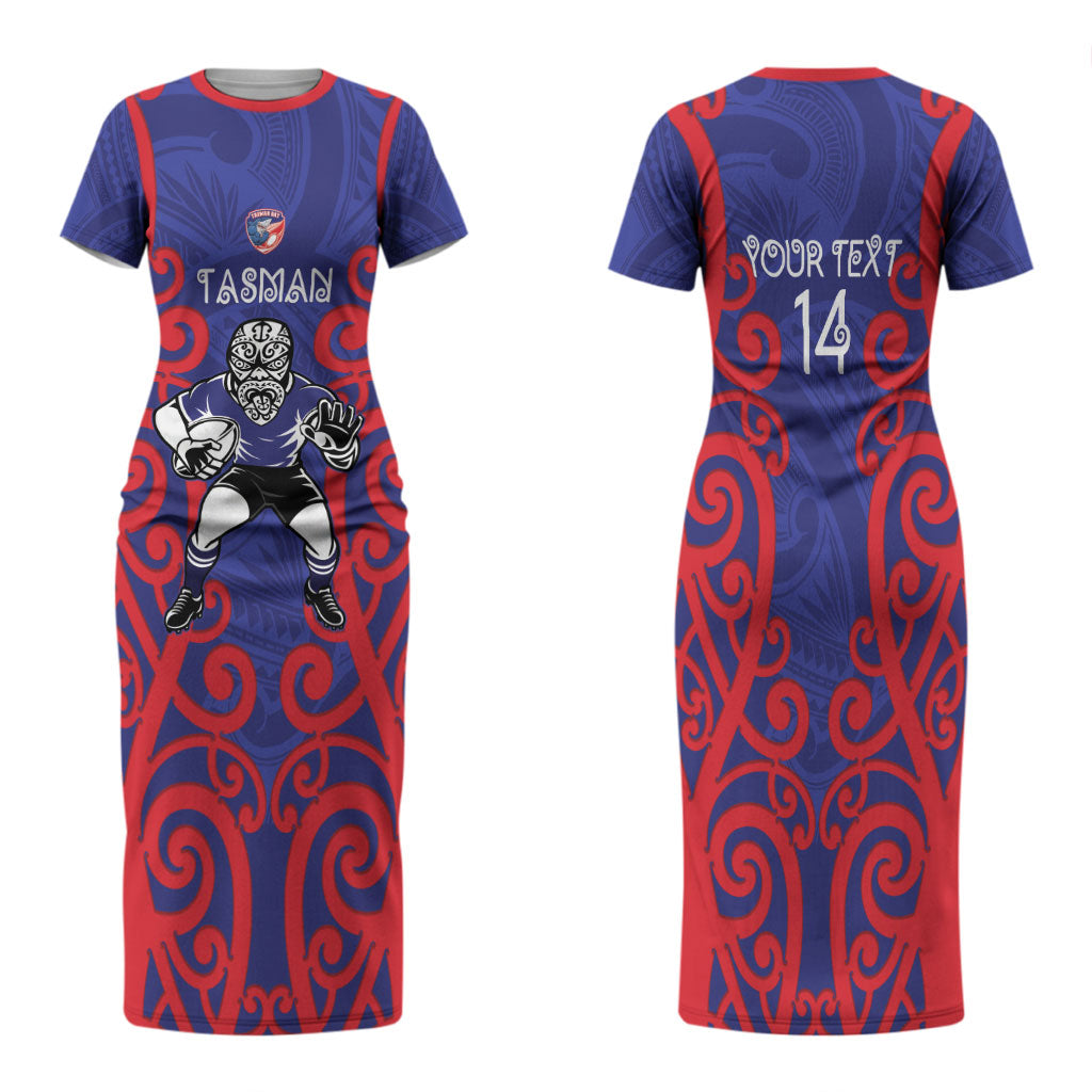Tasman Custom Rugby New Zealand Family Matching Short Sleeve Bodycon Dress and Hawaiian Shirt Aotearoa Maori Pukana Tiki Mascot
