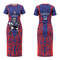 Tasman Custom Rugby New Zealand Family Matching Short Sleeve Bodycon Dress and Hawaiian Shirt Aotearoa Maori Pukana Tiki Mascot