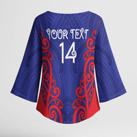 Tasman Custom Rugby New Zealand Kimono Sleeve Blouse Aotearoa Maori Pukana Tiki Mascot