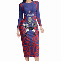 Tasman Custom Rugby New Zealand Long Sleeve Bodycon Dress Aotearoa Maori Pukana Tiki Mascot