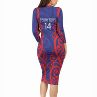 Tasman Custom Rugby New Zealand Long Sleeve Bodycon Dress Aotearoa Maori Pukana Tiki Mascot