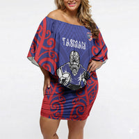 Tasman Custom Rugby New Zealand Off Shoulder Short Dress Aotearoa Maori Pukana Tiki Mascot
