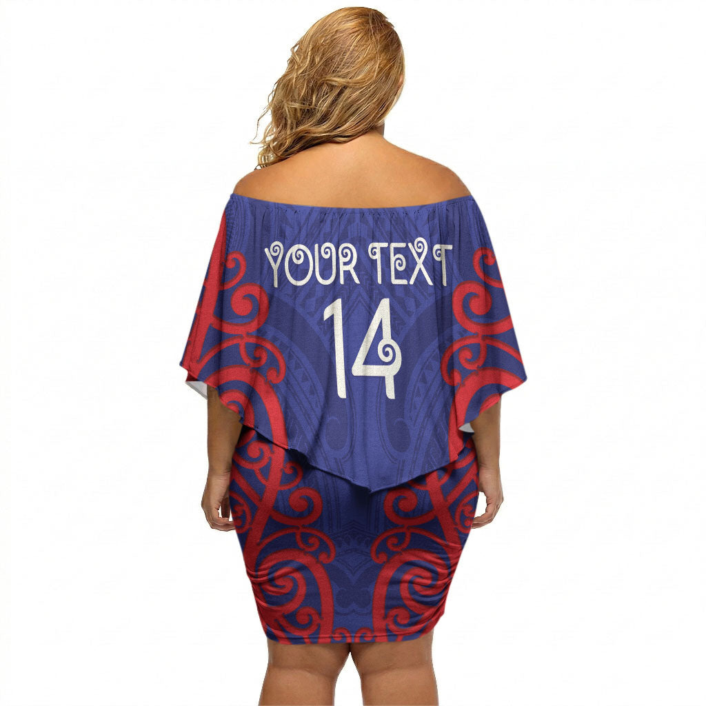 Tasman Custom Rugby New Zealand Off Shoulder Short Dress Aotearoa Maori Pukana Tiki Mascot