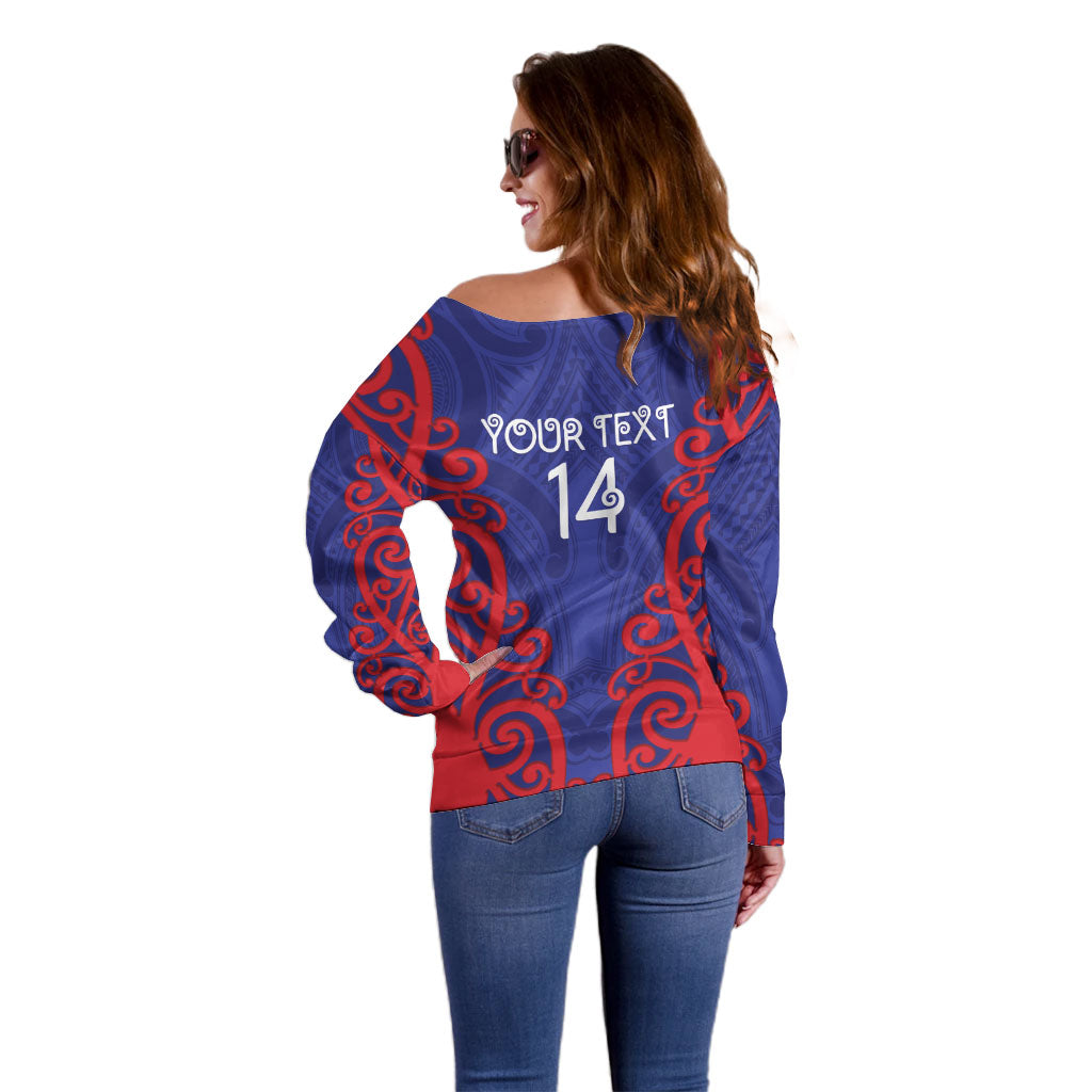 Tasman Custom Rugby New Zealand Off Shoulder Sweater Aotearoa Maori Pukana Tiki Mascot