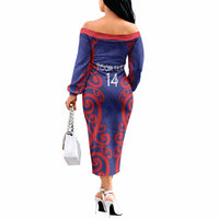 Tasman Custom Rugby New Zealand Off The Shoulder Long Sleeve Dress Aotearoa Maori Pukana Tiki Mascot