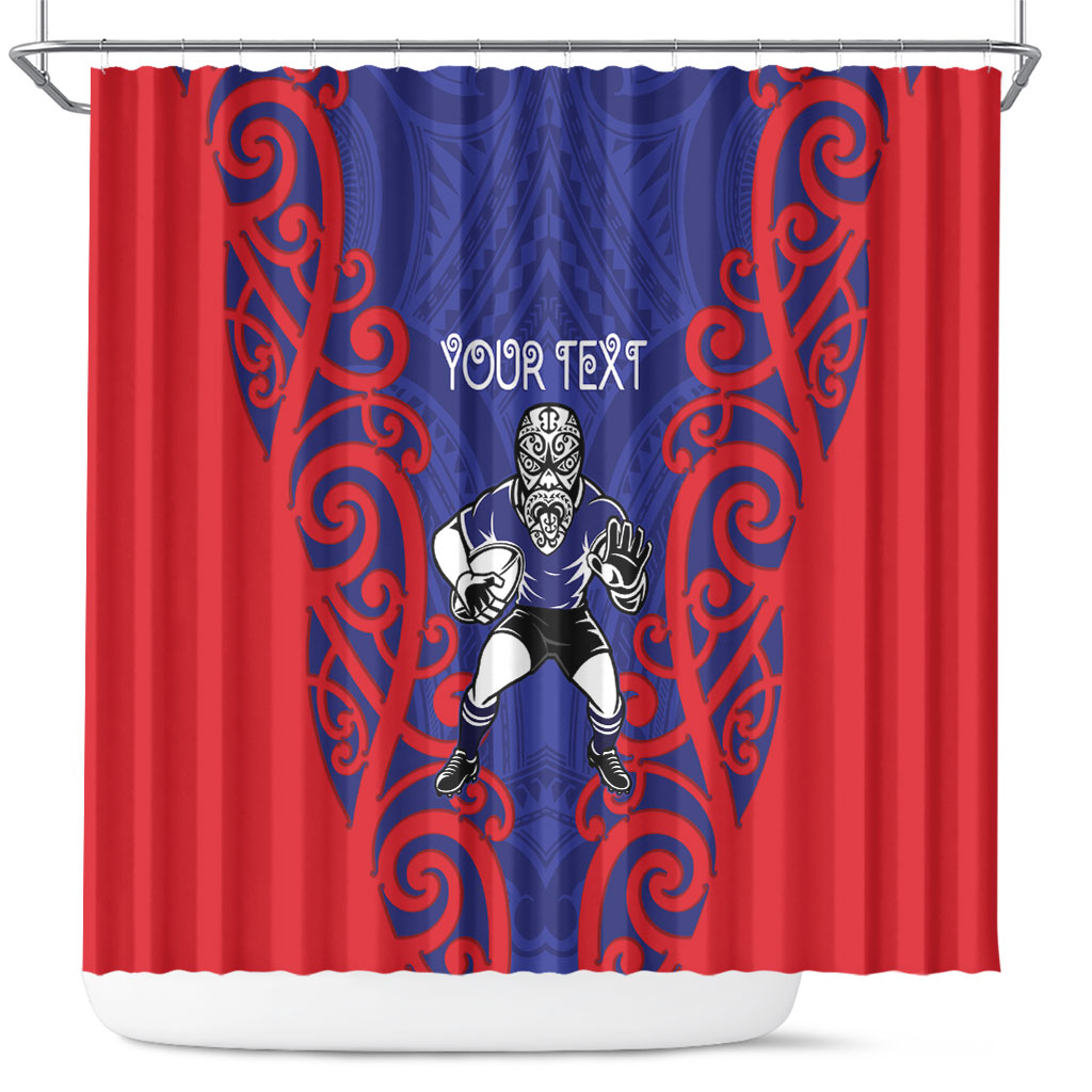 Tasman Custom Rugby New Zealand Shower Curtain Aotearoa Maori Pukana Tiki Mascot