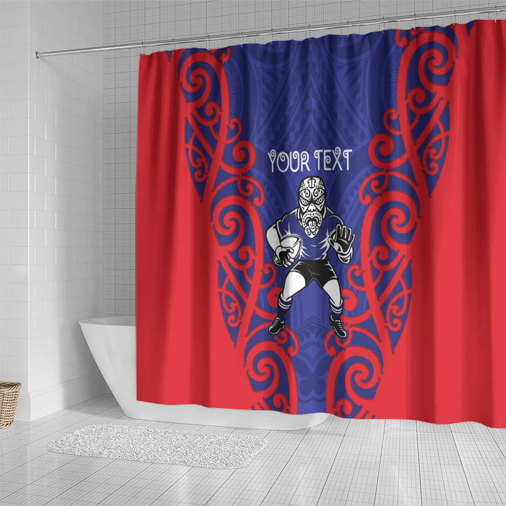 Tasman Custom Rugby New Zealand Shower Curtain Aotearoa Maori Pukana Tiki Mascot