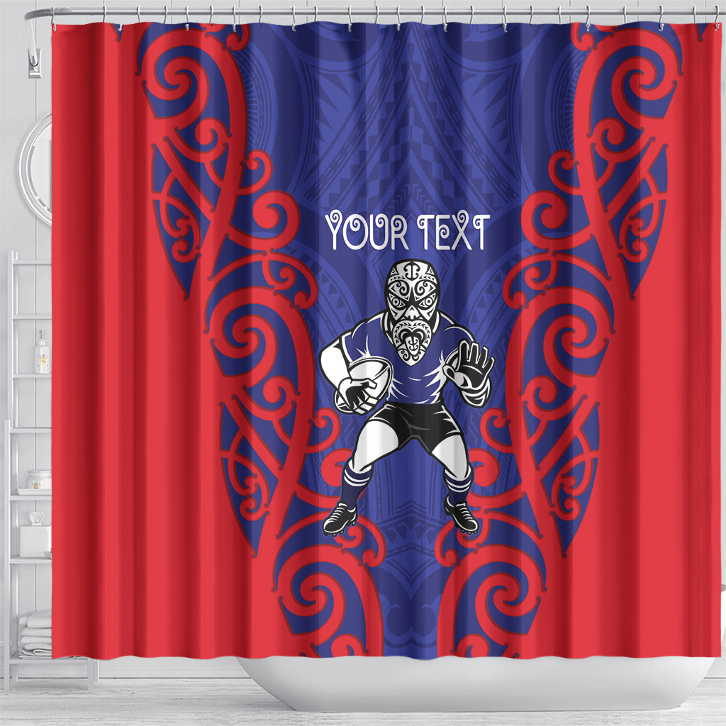 Tasman Custom Rugby New Zealand Shower Curtain Aotearoa Maori Pukana Tiki Mascot