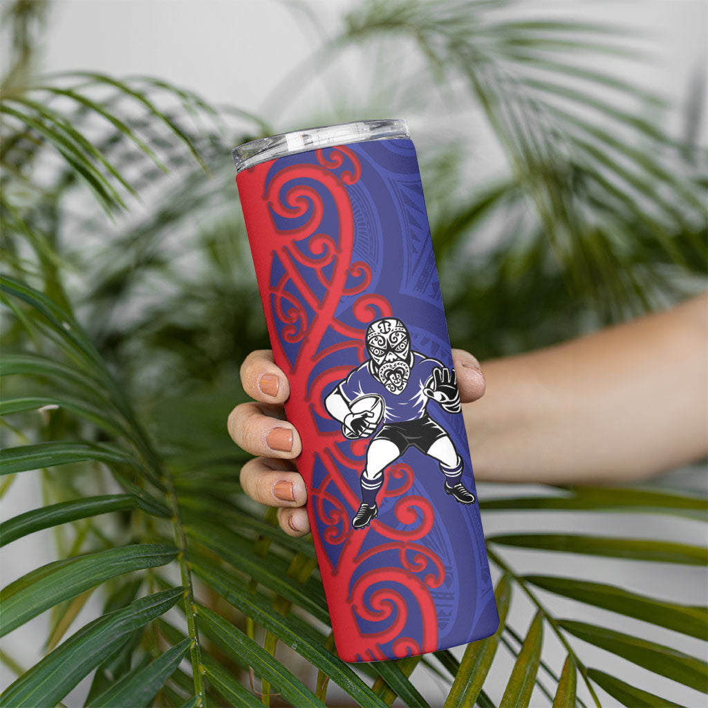 Tasman Custom Rugby New Zealand Skinny Tumbler Aotearoa Maori Pukana Tiki Mascot