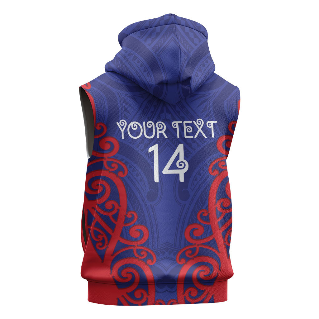 Tasman Custom Rugby New Zealand Sleeveless Zip Hoodie Aotearoa Maori Pukana Tiki Mascot