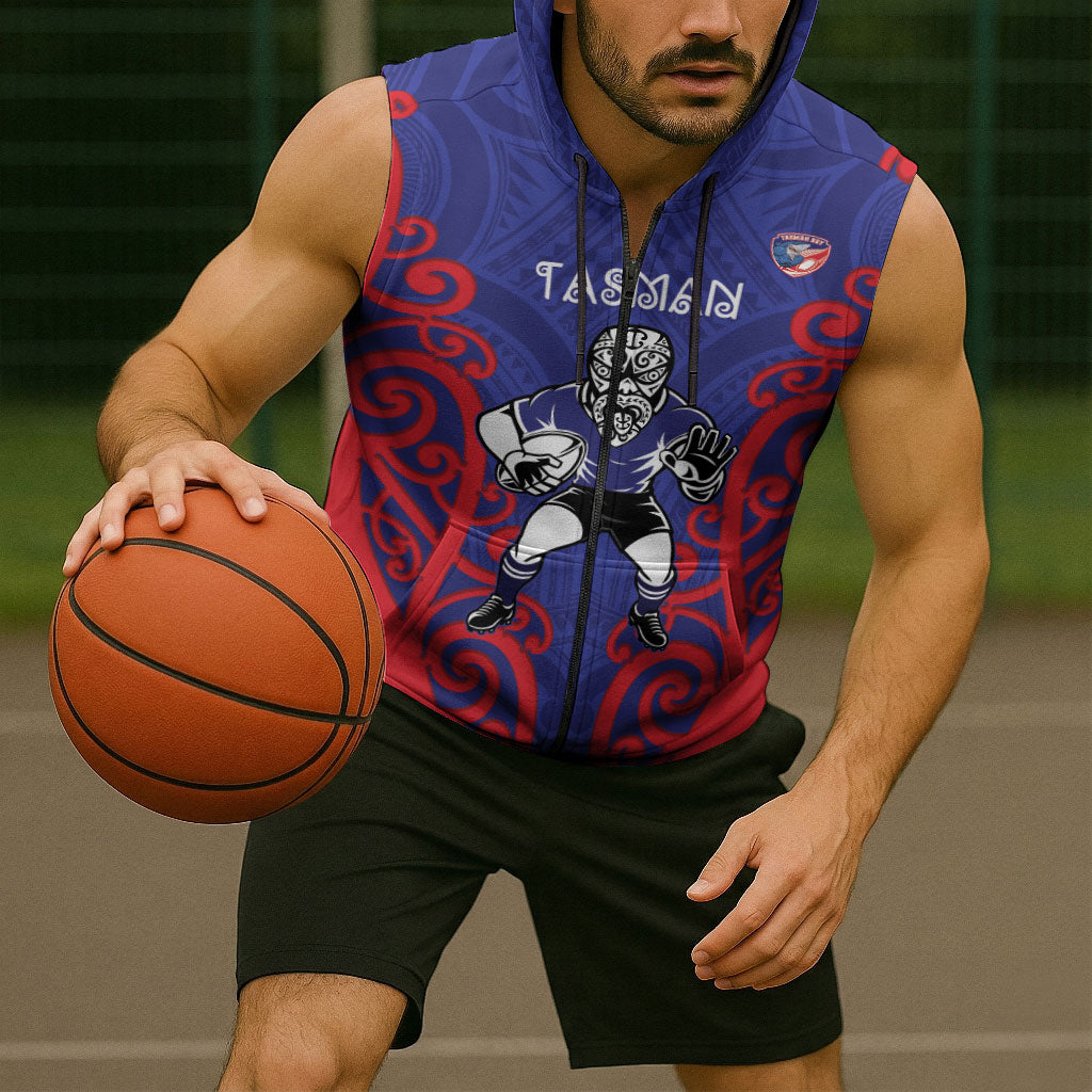 Tasman Custom Rugby New Zealand Sleeveless Zip Hoodie Aotearoa Maori Pukana Tiki Mascot