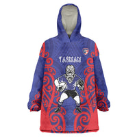 Tasman Custom Rugby New Zealand Wearable Blanket Hoodie Aotearoa Maori Pukana Tiki Mascot