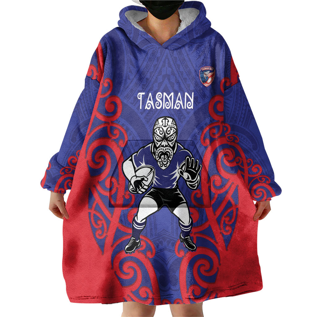 Tasman Custom Rugby New Zealand Wearable Blanket Hoodie Aotearoa Maori Pukana Tiki Mascot