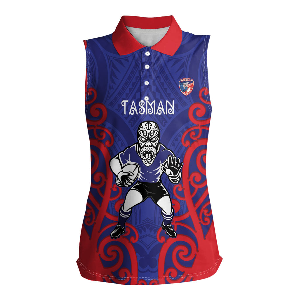 Tasman Custom Rugby New Zealand Women Sleeveless Polo Shirt Aotearoa Maori Pukana Tiki Mascot