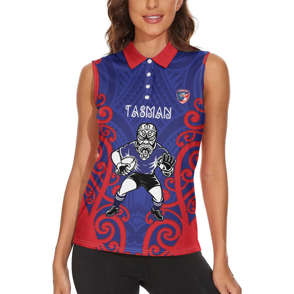 Tasman Custom Rugby New Zealand Women Sleeveless Polo Shirt Aotearoa Maori Pukana Tiki Mascot