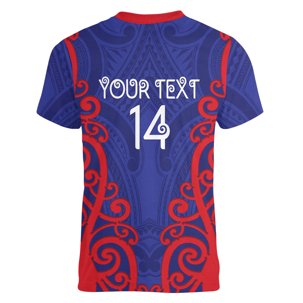 Tasman Custom Rugby New Zealand Women V-Neck T-Shirt Aotearoa Maori Pukana Tiki Mascot