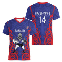 Tasman Custom Rugby New Zealand Women V-Neck T-Shirt Aotearoa Maori Pukana Tiki Mascot