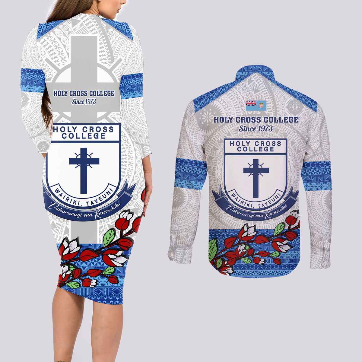 Fiji Holy Cross College Couples Matching Long Sleeve Bodycon Dress and Long Sleeve Button Shirts Happy 50th Anniversary Fijian Tagimoucia Tapa Pattern LT14 - Polynesian Pride